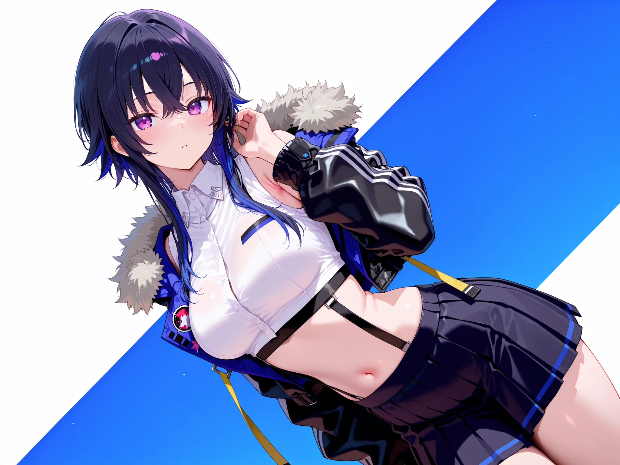 masterpiece,best quality, amazing quality, highres, absurdres, very aesthetic, high resolution, ultra detailed, perfect details,bburuha, long hair, multicolored hair, black hair, sidelocks, purple eyes, medium breasts, crop top, collared shirt, white shirt, sleeveless, fur-trimmed jacket, black jacket, long sleeves, suspenders, pleated skirt, black skirt