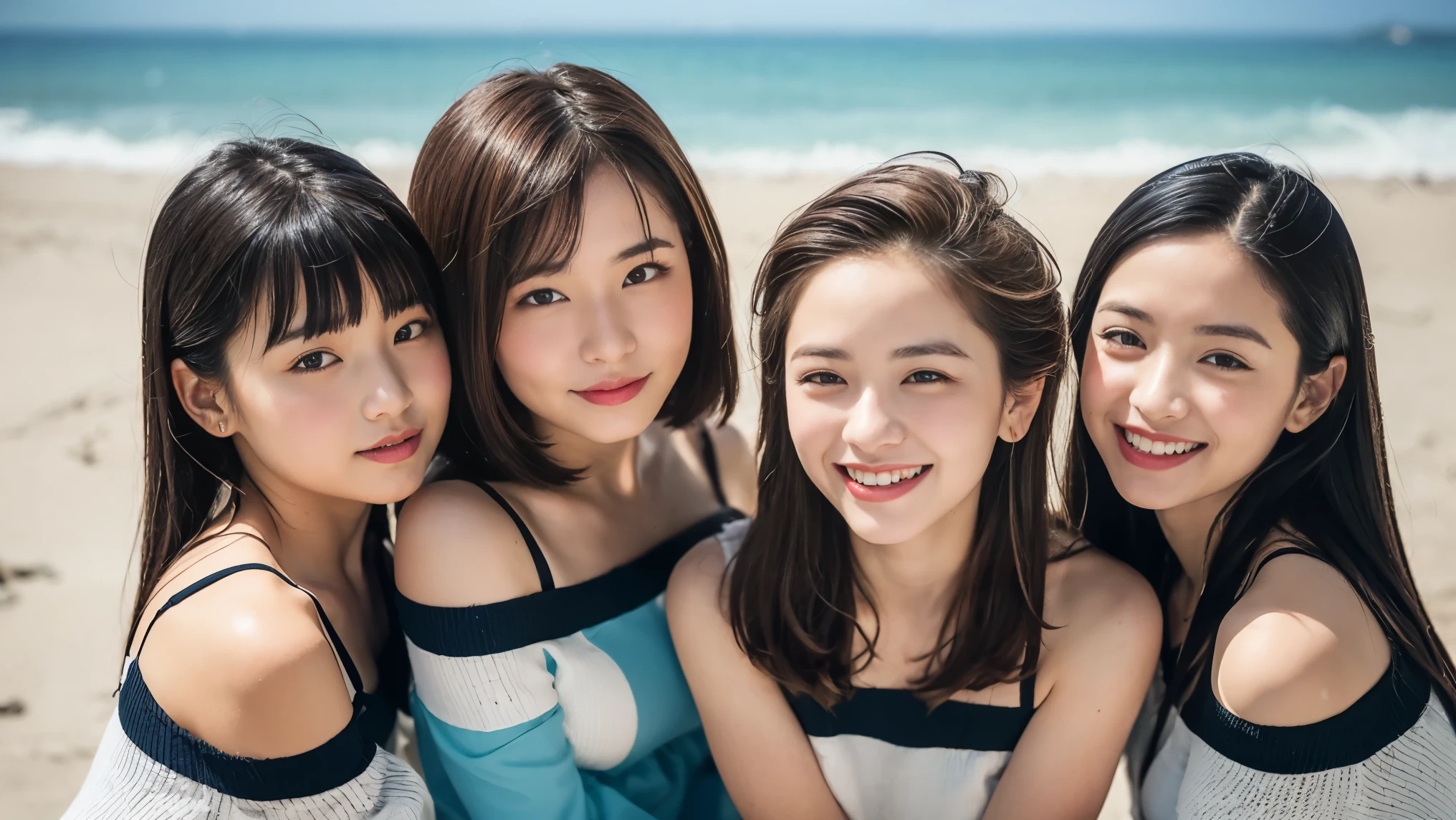 (masutepiece), (Best Quality), (ultra-detailliert), (best realistic), (Photoreal: 1.6), Real Human Skin, Depth of Field Coverage, natural soft light, Hard Focus, Film grain, Audience-focused, the beach, Two cute girls of Nogizaka 46, Sports Bra、Buruma、((Hugging and kissing))、((Full body portrait)), thighs thighs thighs thighs, gravure, Fair skin, Soft lips, (Thin eyebrows: 1.4), shiny soft brown eyes, Straight black hair, Beautiful and detailed eyes, Happiness, Smile,