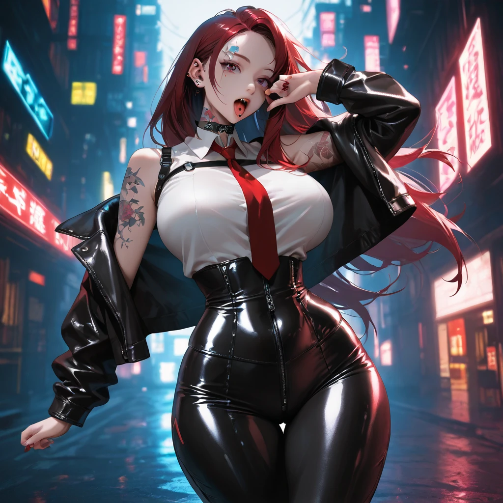 (masterpiece), (best quality), (ultra high detailed), 1girl, solo, red hair, Her eyes are yellow with multiple red rings and black jacket within them, making them the only visible sign of her inhuman nature, white shirt with tie, city background, wet clothes, genius, full body with panties, wet, makima sexy, long pants, energic, aurora, line up
