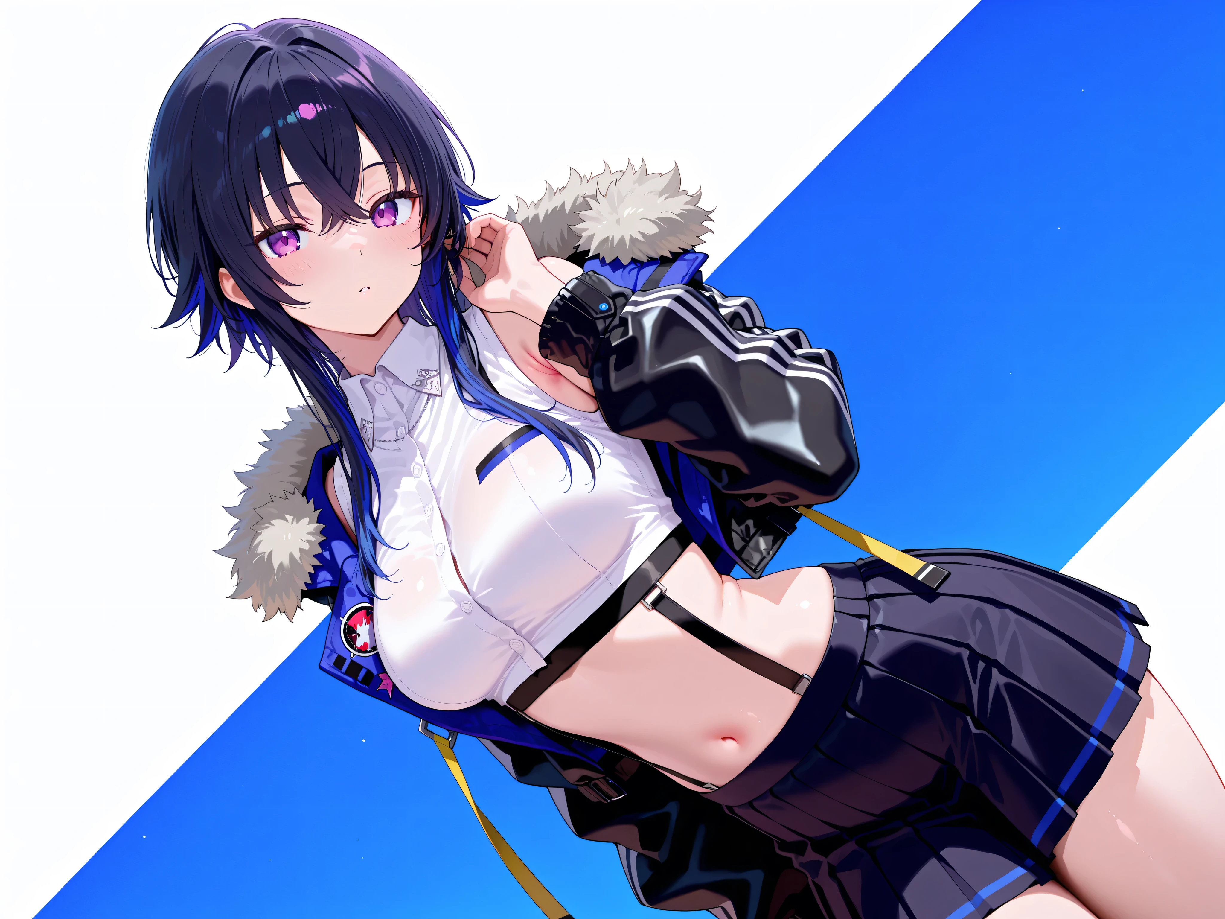 masterpiece,best quality, amazing quality, highres, absurdres, very aesthetic, high resolution, ultra detailed, perfect details,bburuha, long hair, multicolored hair, black hair, sidelocks, purple eyes, medium breasts, crop top, collared shirt, white shirt, sleeveless, fur-trimmed jacket, black jacket, long sleeves, suspenders, pleated skirt, black skirt