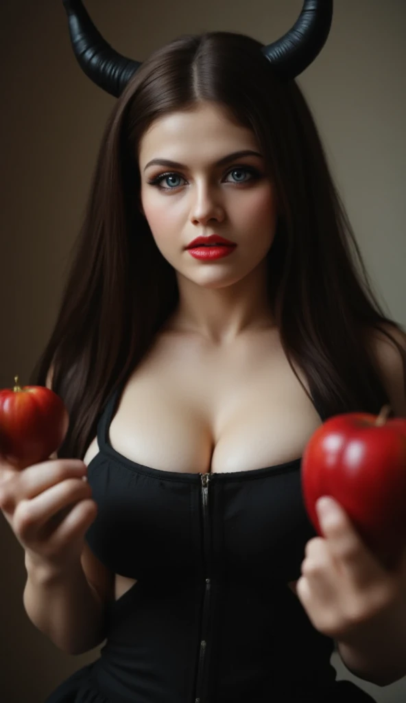 a beautiful woman with a sculpted body, dark hair, honey-colored eyes, wearing a sexy red lingerie, biting into an apple, photorealistic, high quality, 8k, detailed facial features, dramatic lighting, cinematic composition, elegant, sensual