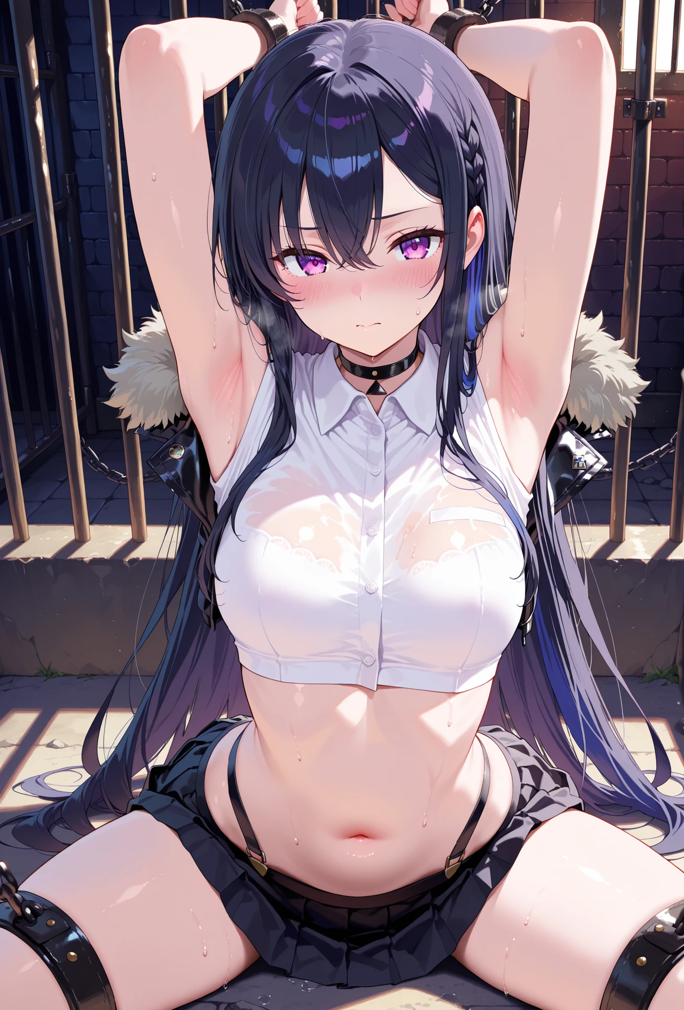 masterpiece,best quality, amazing quality, highres, absurdres, very aesthetic, high resolution, ultra detailed, perfect details,aauruha, long hair, multicolored hair, black hair, braided bangs, purple eyes, medium breasts, black choker, crop top, collared shirt, white shirt, sleeveless, fur-trimmed jacket, black jacket, long sleeves, suspenders, pleated skirt, black skirt,On ground, arched back, spread arms, spread legs, chained arms, chained legs, Indoors, prison cell,bent over,embarras,blush、