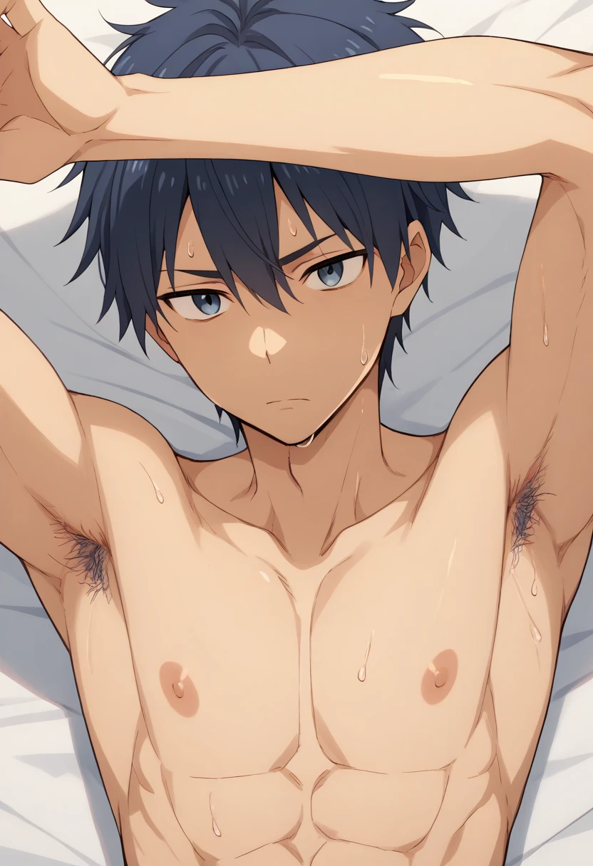 high quality, (japanese  y/o boy ), (detailed eyes), (black short hair), (abs), dougi, (dark shiny skin), (detailed puffy nipples), looking at viewer, (upper half of the body),