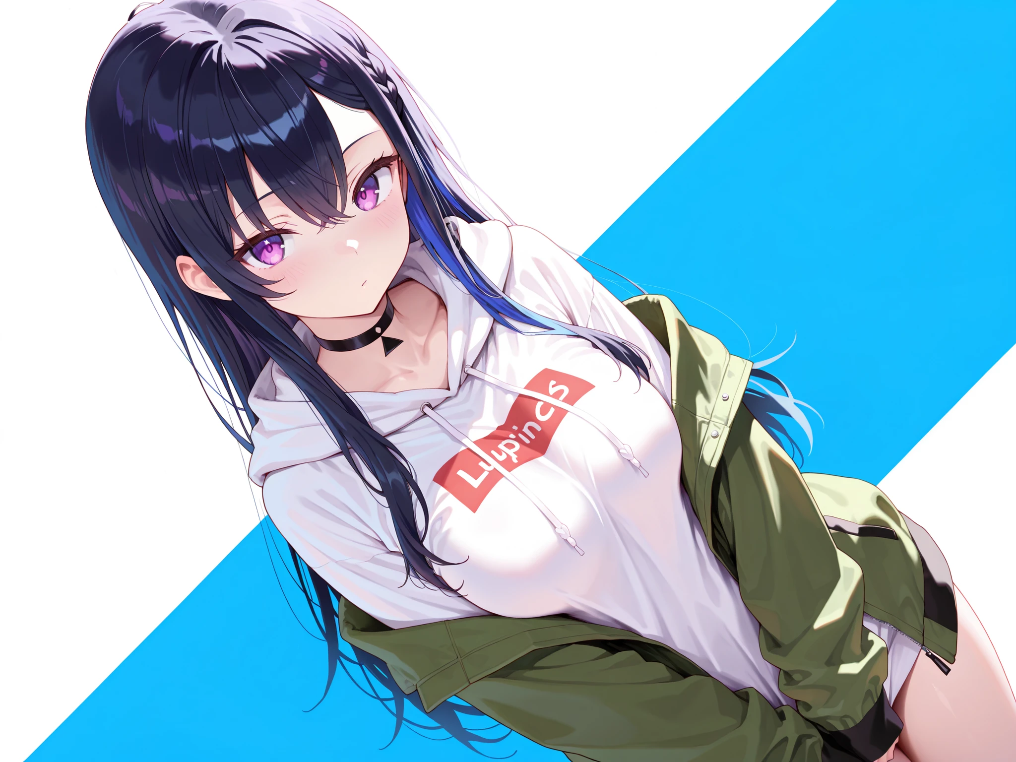 masterpiece,best quality, amazing quality, highres, absurdres, very aesthetic, high resolution, ultra detailed, perfect details,aauruha, long hair, multicolored hair, black hair, braided bangs, purple eyes, medium breasts, black choker, white hoodie, clothes writing, off shoulder, green jacket, open jacket, long sleeves, bare legs
