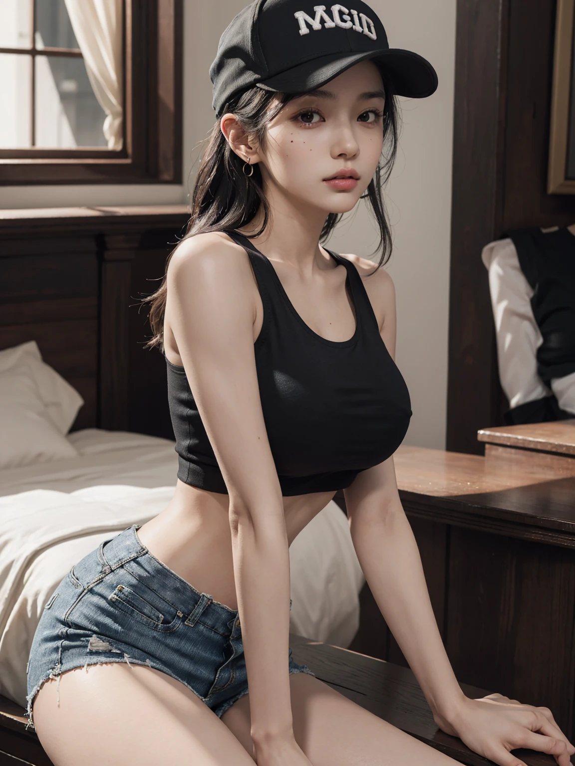 Top image quality、Raw photography、超A high resolution、An 18-year-old woman、Shooting for one person only、modelshoot、big round chest、Tank Tops、short trousers of black color、Beautiful Eyes of Details、very elongated eyes、Beautiful eyelashes、Beautiful double eyelids、white walls、Beautiful waist、very slender legs、Shorthair with light brown hair、very slender physique