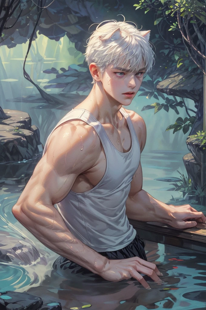 1boy, adult, handsome, perfect face, detailed eyes and face, clean shaved, muscular, capturing a rural atmosphere, dynamic lighting, unreal engine 5, hd picture, satoru gojo, white hair, short hair ,hair between eyes ,blue eyes, white skin, milk pink nipple details