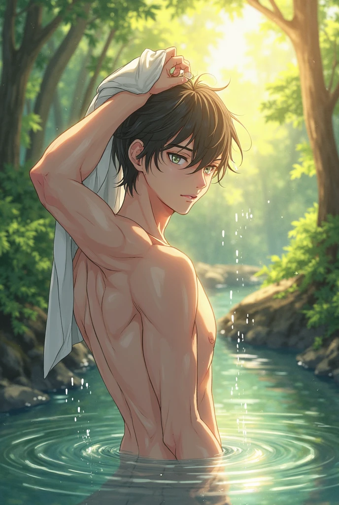 masterpiece, best quality, 5boys, boys bathing toghether in an ancient hotspring, male focus, solo, abs, messy colorful hair, seductive, lean, toned boy, twink, sexy, shirtless, ????? bathing, wet robe, towel around waist, hotspring, stones, mossy, ruins, carvings