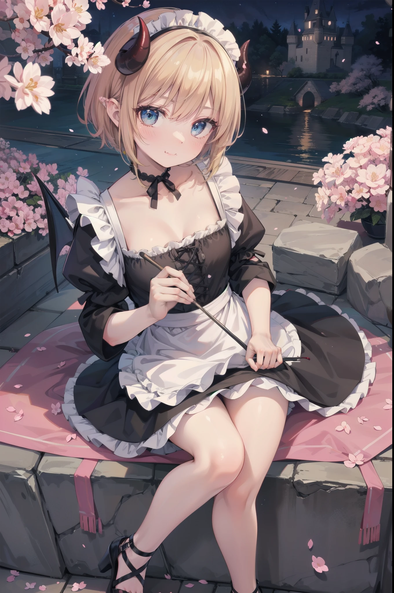 Gently stare, by krenz Cassiato , Asuka, is sitting, Asuka, anime styleイラスト, official art, High Quality Anime-Style Art, high resolution, anime style, (Cherry Blossom Little Devil Maid:1.3),
Playful yet elegant maid mini dress in deep pink and white,
with heart-shaped chest cutout and tiny black lace details along hem,
Small glossy black horns decorated with tiny sakura flowers, matching forked tail with pink satin bow,
Black ribbon choker with sakura charm,
and lace-up heels with sakura petals caught in ribbons,
blending mischievous allure with springtime charm,
BREAK
(face close-up:1.8), (NSFW:1.2), ( blond and blue eyed), head accessory, (flat chest:0.7), (Inside the stone Demon Castle at an eerie midnight:1.4), ( Shade:1.8)