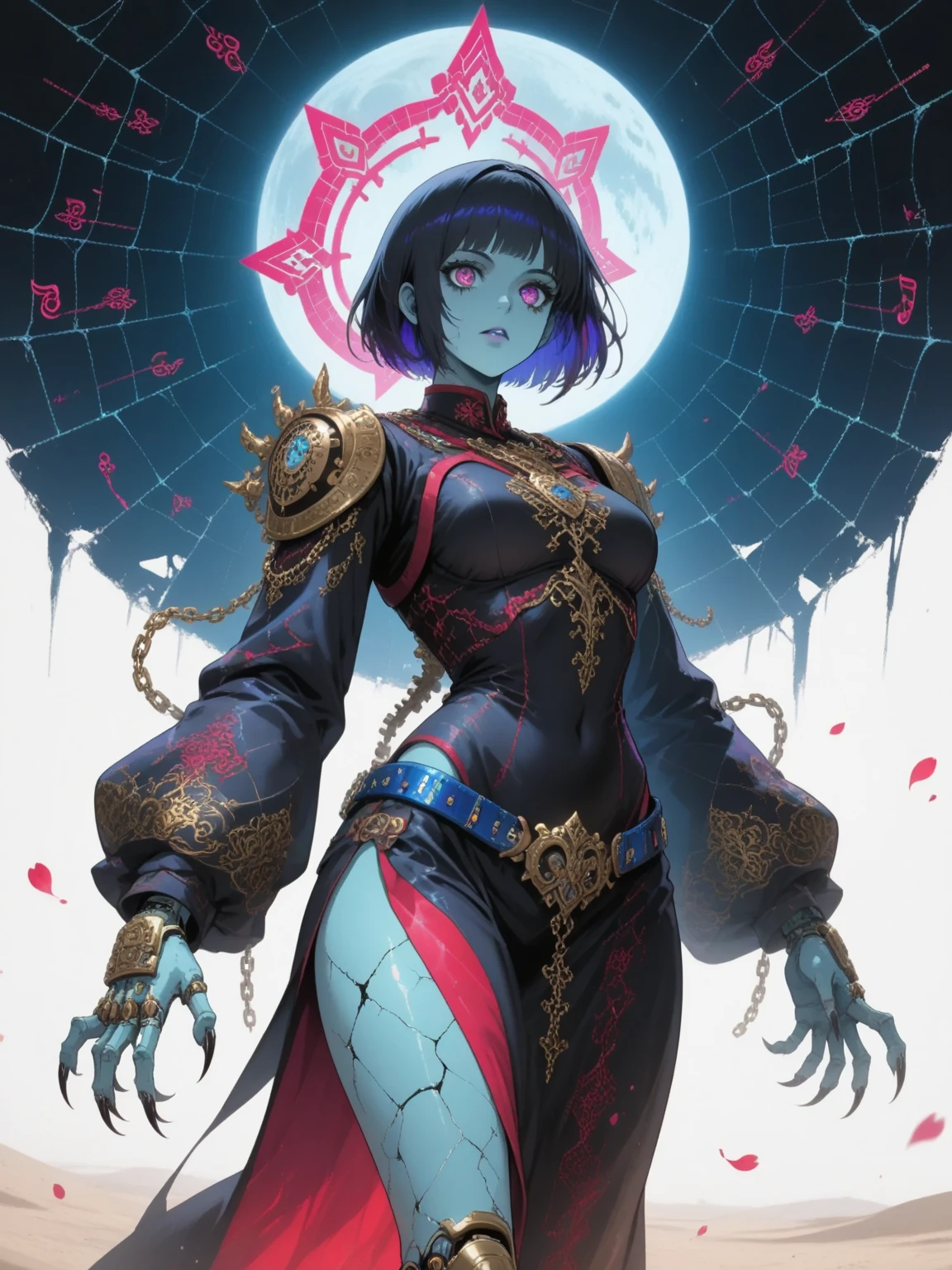 (masterpiece), (High resolution), (super delicate),,(Horror elements), full body,Cute Core Clown、Skull Accessories、((Alphonse Mucha 1.5))blue hair、Clown makeup