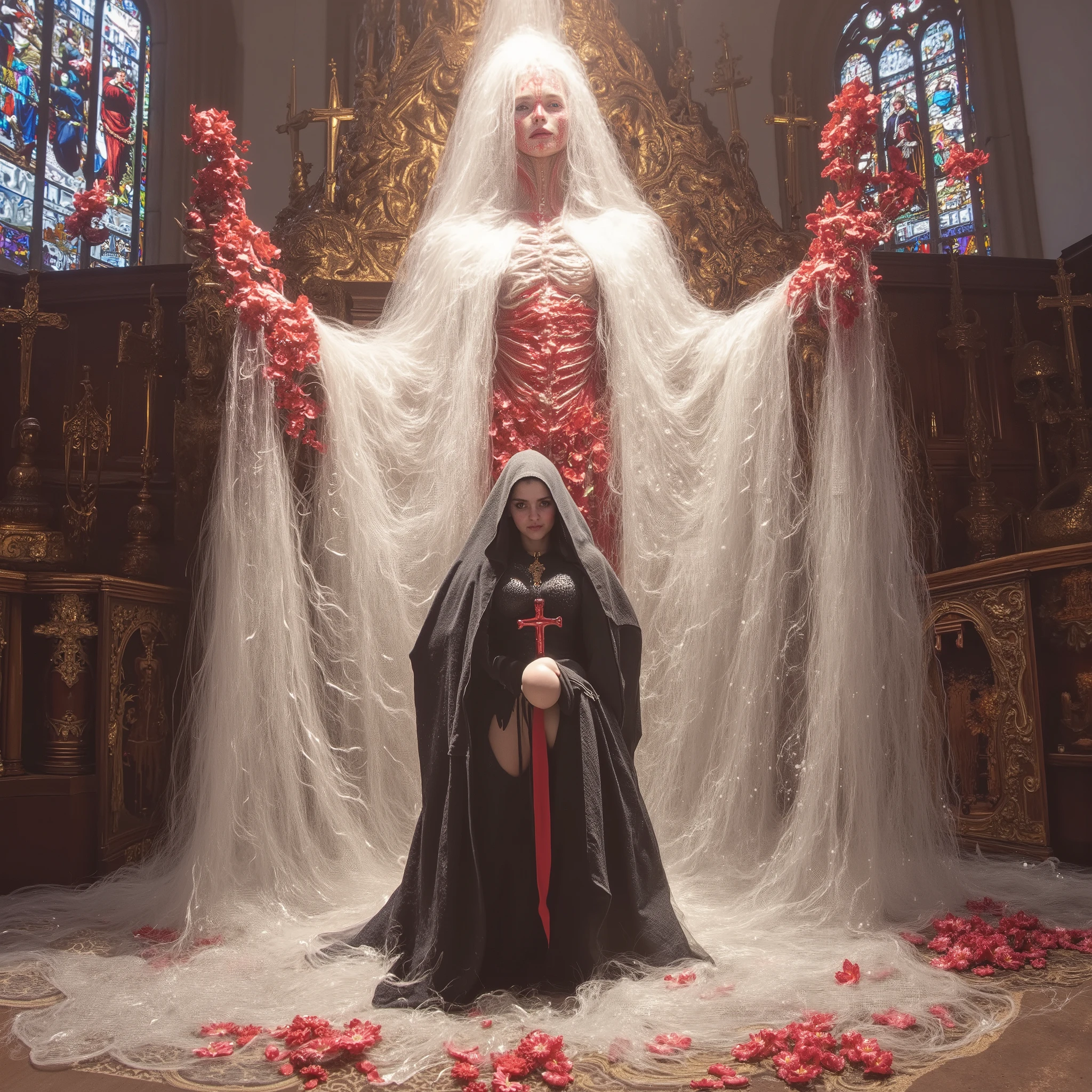 (Best Quality,4k,8k,high resolution,obra-prima:1.2),(((giant cross:1.37))),,hooded black robe, The nun and the skeleton godfather in the church,sangrento,red lily,red chrysanthemum,chama,luz.