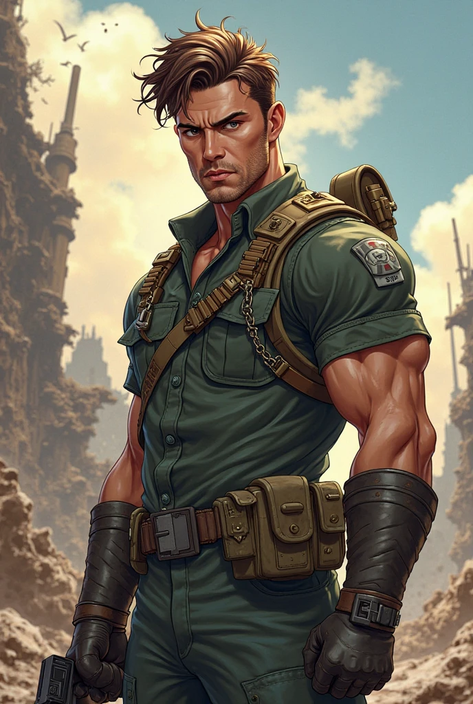 Strong handsome muscular man, 22 years old, -possibly soldier- military uniform pants, bare chest, shirtless, muscular chest, short hair, black hair, muscular arms, perfect muscles, perfect physique, green eyes, detailed eyes, handsome face, very short goatee , angry and visibly tired, backpack, protecting a child, ((a child)) ruined city, smoke, realistic epic, dirty with gravel and soot, smoke in the distance, ruins, burning buildings. photo, faded, intricate stuff around, intricate background, drenched, neutral colors, ((((hdr)))), ((((muted colors)))), intricate scene, art station, intricate details, frame.