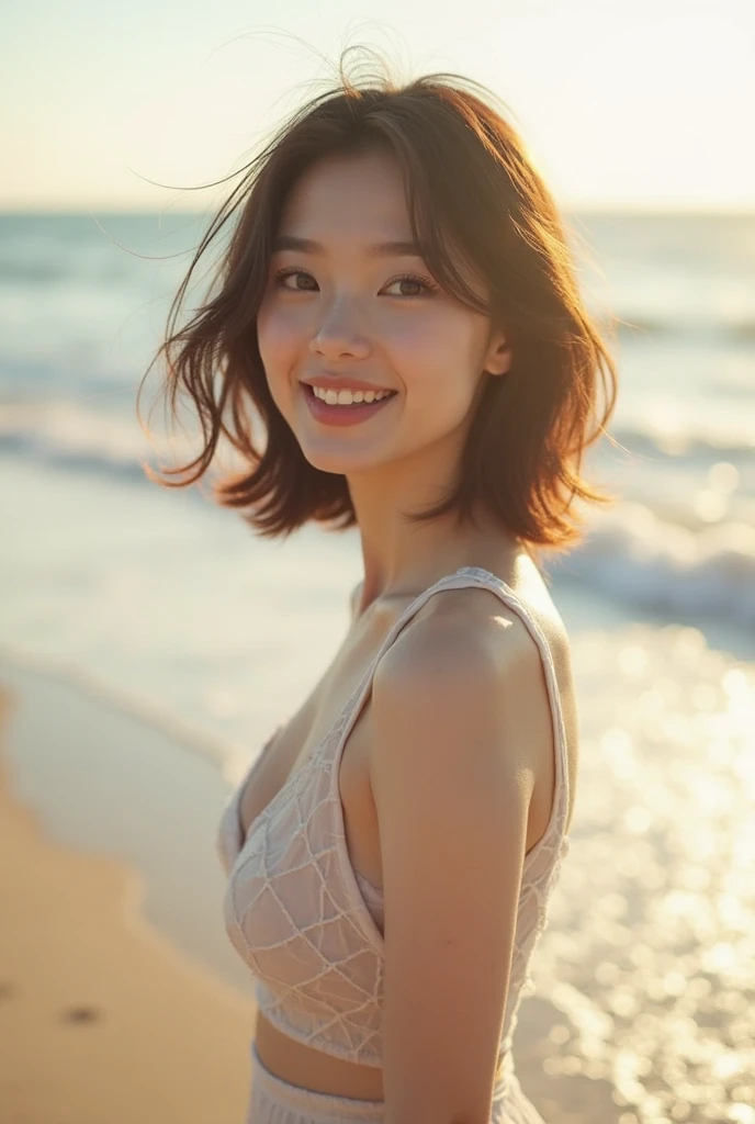 Surreal, A photo taken from an extremely low angle looking up from the ground with the sky in the background、Maintains focus on the person, Upper body from the waist up、From below, 1. Japanese 、Woman in white micro bikini, Short brown hair. smile, (Surveillance camera), Soaking wet, This perspective highlights the underside of the chest, The skin texture is finely rendered, clothing, and shadows. The lighting is natural, Soft shadows accentuate the contours of the chest. The background is blurred, creates a dramatic, From the perspective of looking up.