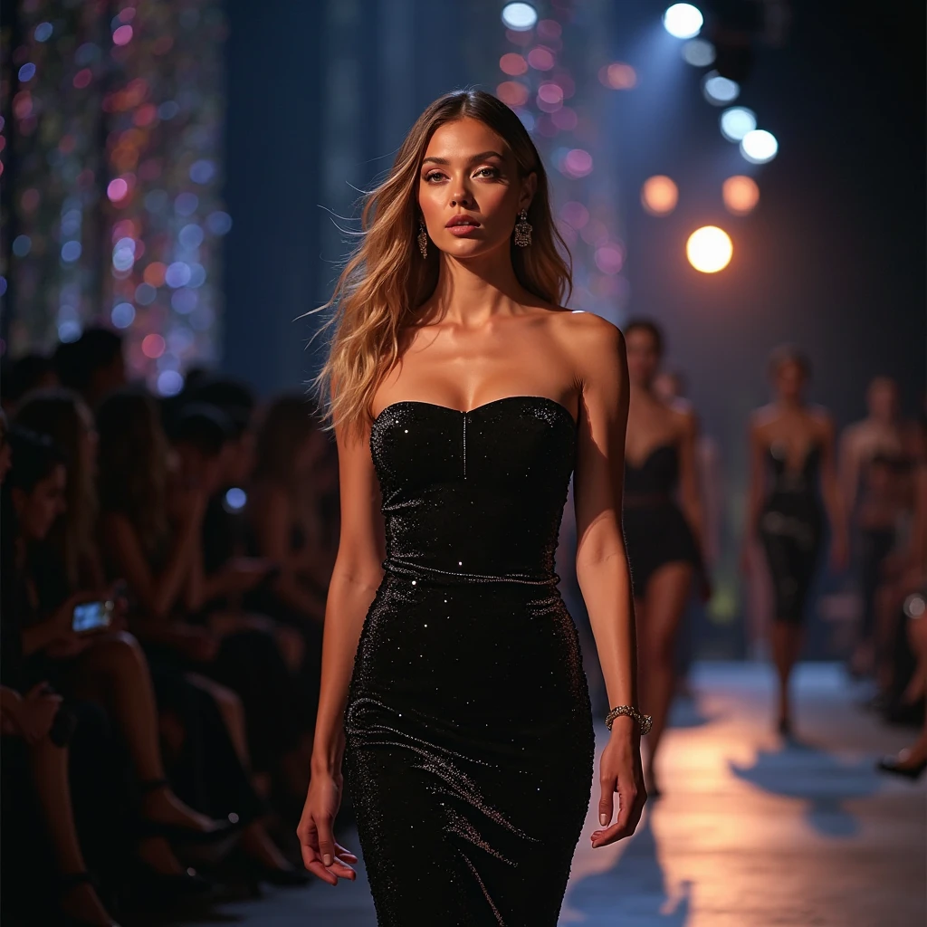 a woman in a black dress walking down a runway, glamorous runway model, shiny black dress, on the runway, emaciated black evening gown, black gown, stunning woman, wearing black dress, flowing black gown, wearing a black dress, an elegant woman in black dress, wearing an elegant dress, intense look, intense smoldering, wearing a sparkling dress