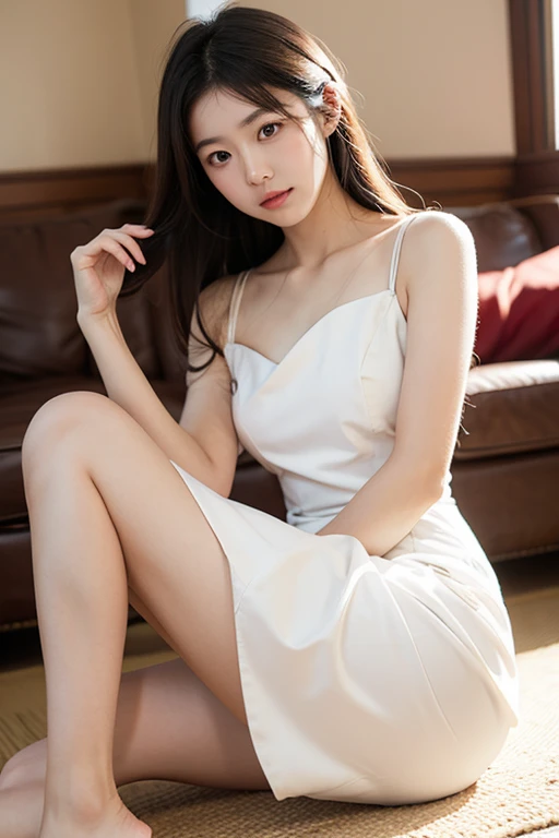 1girl,sitting on a cozy couch,crossing legs,soft light, bare shoulders, smile, bright skin