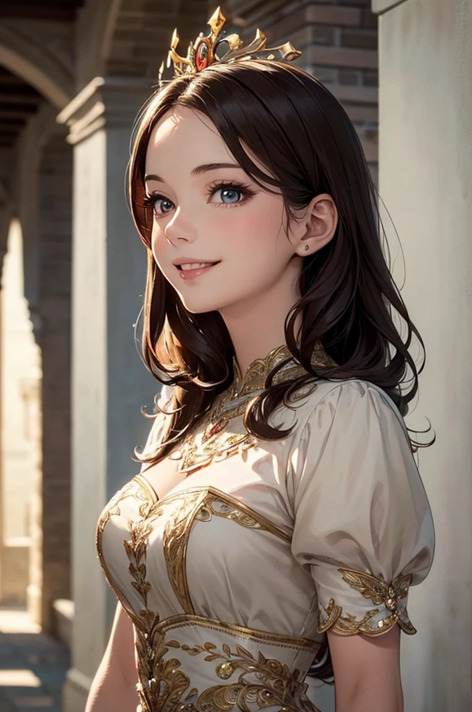 (masterpiece, best quality), intricate details, beautiful 30 year old woman, brown hair, green eyes, blue royal robes, revealing, big breasts, long messy hair, pretty lips, sunny sky background, sexy, bright, upper body, gold wreath,