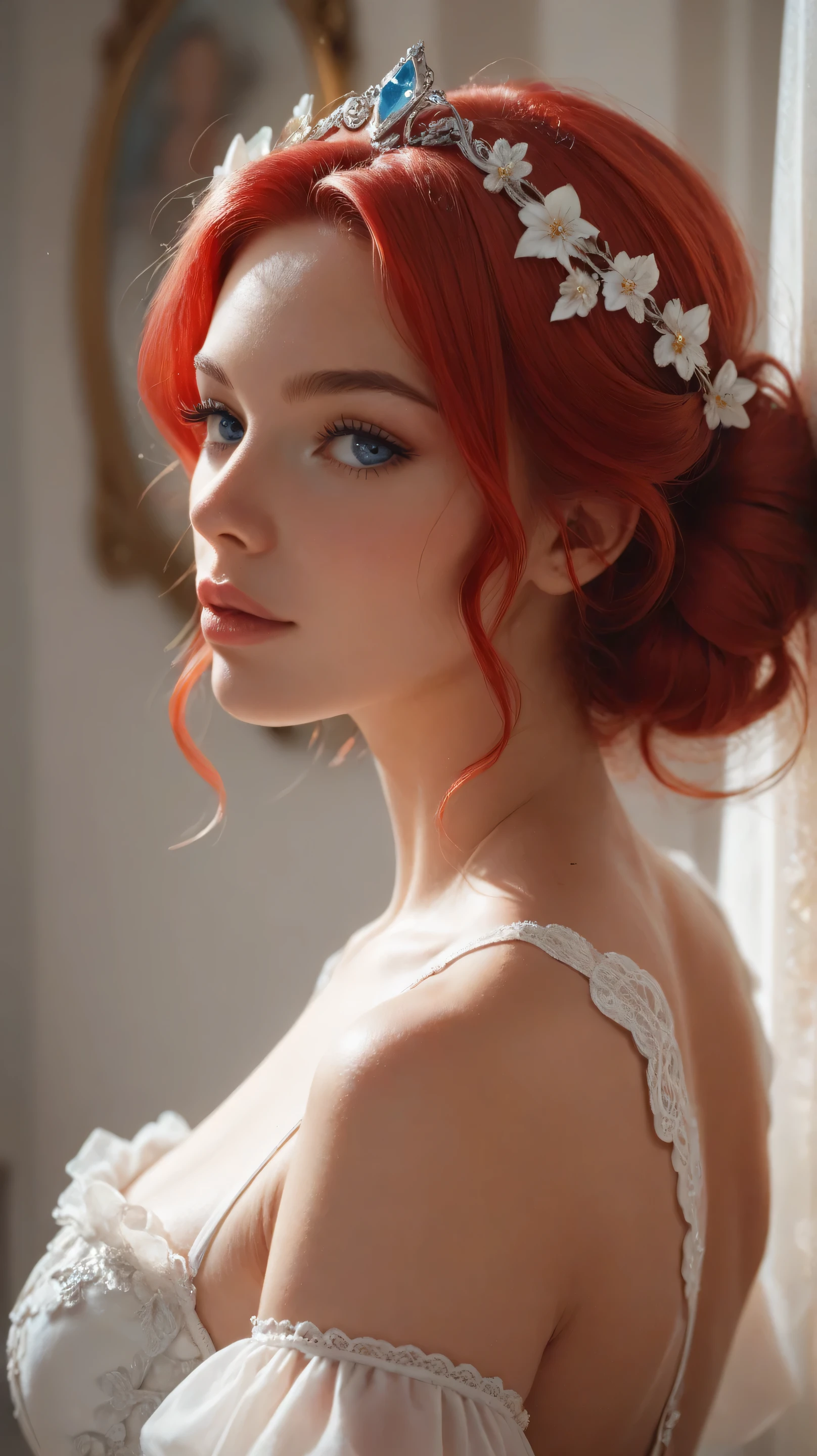 Beautiful red-haired girl with blue eyes, shoulder-length hair with black reflections, she has an angelic look and tender, photograph of her beautiful face