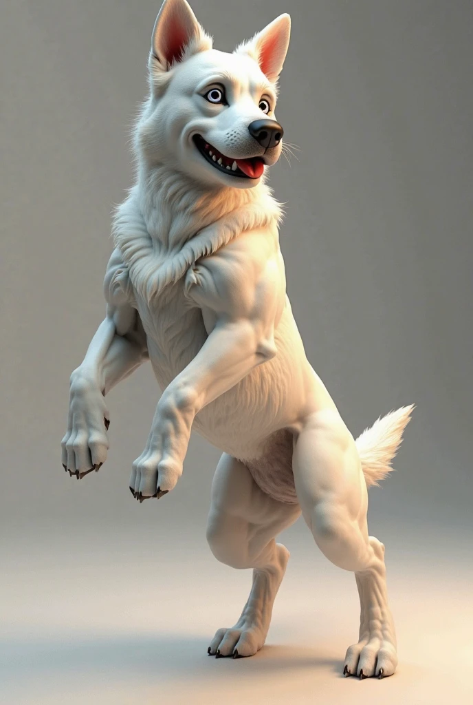 bolt the dog, adult, masculine, male, (quadruped, feral, feral dog):1.2, very muscular:1.5, muscles:1.5, sixpack, abs, strong chest, muscular shoulders, strong body, muscular neck, biceps, triceps, lats, muscular thighs, calves, vascular, veins, wide chest, taran fiddler style, virtyalfobo style, echin style, (no background, white background):1.3, realistic fur, correct lighting, correct shadows, detailed eyes, high quality, high resolution, detailed, collar, full body, muscular forelegs, muscular hindlegs, white fur, standing on back legs:1.1, legs spread