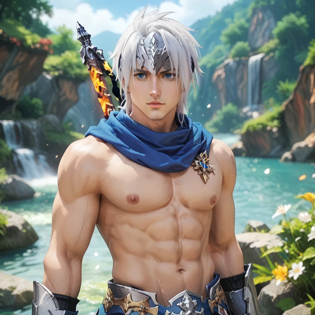 (max resolution: 1.2), (Ultra HDTV: 1.2), 8K resolution, Eye and skin details, face details, , (Sharp focus: 1.2), (Precise focus) sharp face: 1.2), Standing boy, Short hair, White hair, Cat ears, Holding sword, Shirtless, Exposed chest muscles, Six pack abs, transparent white briefs, Summer, Ocean water, Coconut tree, Blue sky, White clouds, Sunlight