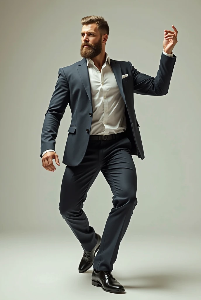 Professional masterpiece, DSLR, high quality, 8k, a skinny tall Handsome Caucasian Englishman brunette ((((21 years old)))), portrait, standing. realistic, (((black business suit))), studio background, stubble, short undercut hair, closed smile, contemporary, defined muscular, (one hand on head:0.8), laughing, <lora:more_details:0.1>, head tilted slightly, <lora:Mutant_Men:0.6>, bulge <lora:BrutalMass2:0.1> brutalmass <lora:exploding_clothes:0.4> ((exploding clothes)), suit trousers, (((shirt))) , pectorals, large pectorals, pants, biceps, tight, chain around neck, (((jumping)))