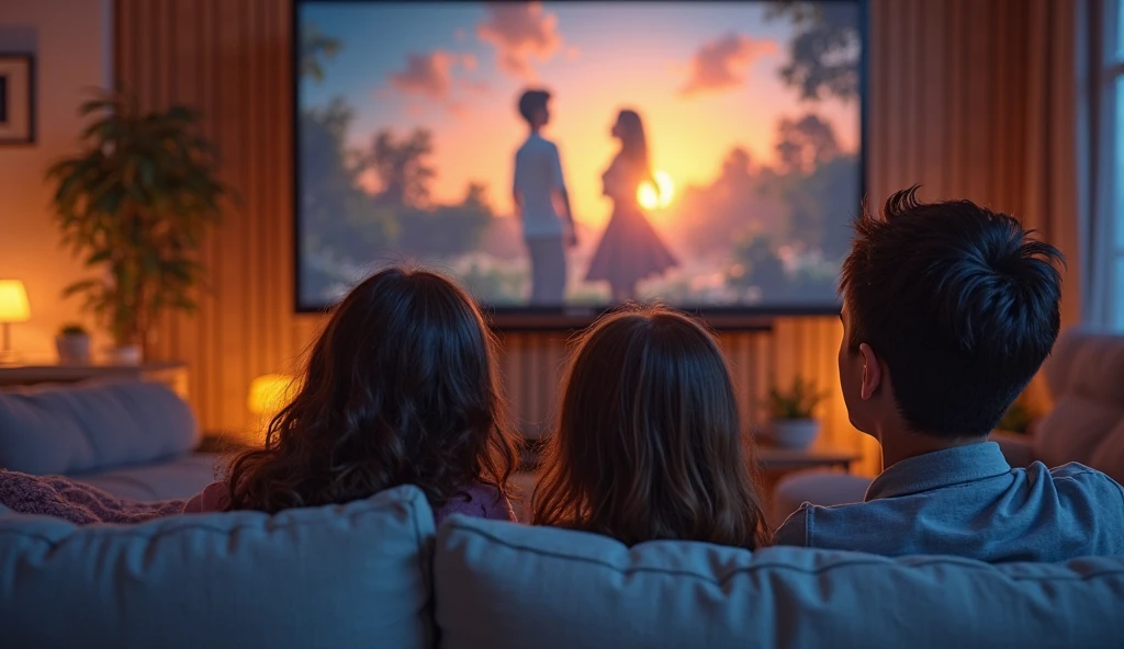 girl in red dress watching movie about love on tv in spacious living room