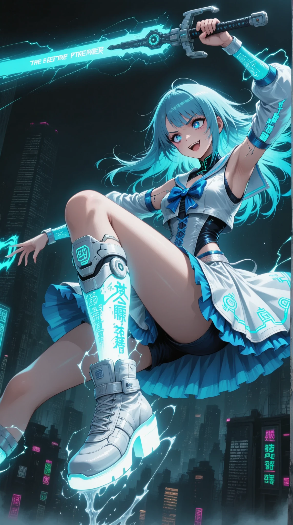 Blue hair, black eyes, ((magical girl)), long boots, 美少女, ((单人)), ((upskirt)), blue dress, ((bondage)), ((spread legs)), ((white panties)), legs lift