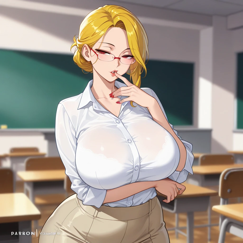 (best quality,4k,8k,highres,masterpiece:1.2), ultra-detailed, UHD, studio lighting, ultra-fine painting,sharp focus, physically-based rendering, extreme detail description, professional, vivid colors, bokeh,sexy woman, mature, milf, huge breasts, large breasts, curvy, voluptuous, completely nude, nude, pussy, nipples, blonde hair, purple eyes, long hair, slick back, glasses, earrings, grinning, dynamic pose, solo focus, classroom, indoors, art by joy ride