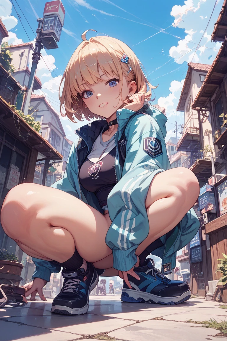 Looking down、spread legs with squatting pose、M-shaped legs、Spread your legs、Sit on the ground、I'm looking away、Chat with friends、In town、bustling street、cap、Colorful panties、Panty shot、Shoulder bag、mini skirt、Private Server、Girl、Girl、Younger、Baby Face、flat chest、Dynamic Angle、Useless、smile、Both eyes open、Voyeur style、ground