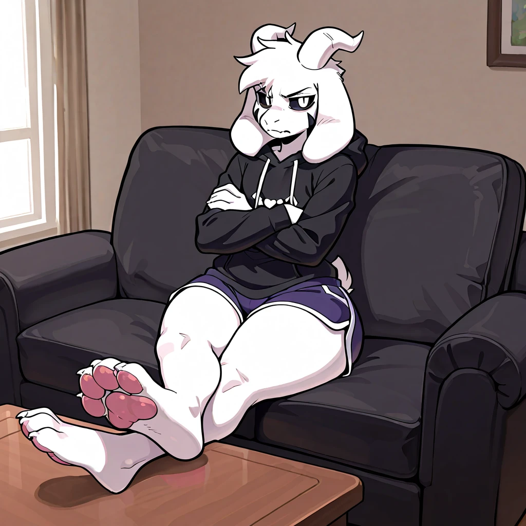 Solo, score_9,score_8_up score_7_up, source_furry, anthro, canine, domestic dog, dalmatian, 5 toes, backwards baseball cap, backwards hat, big feet, bottomwear, black boxers, bulge, claws, wearing tank top, clothing, sitting, on a bed, messy room, legs spread, low angle shot, hugging a pillow, playful smile, feet, showing feet, spreading her toes, plantigrade, five toes, black claws, sexy soles, (foot focus:1.2), (stinky feet:1.3), (sweaty feet, dripping sweat:1.2), talking, speech bubble