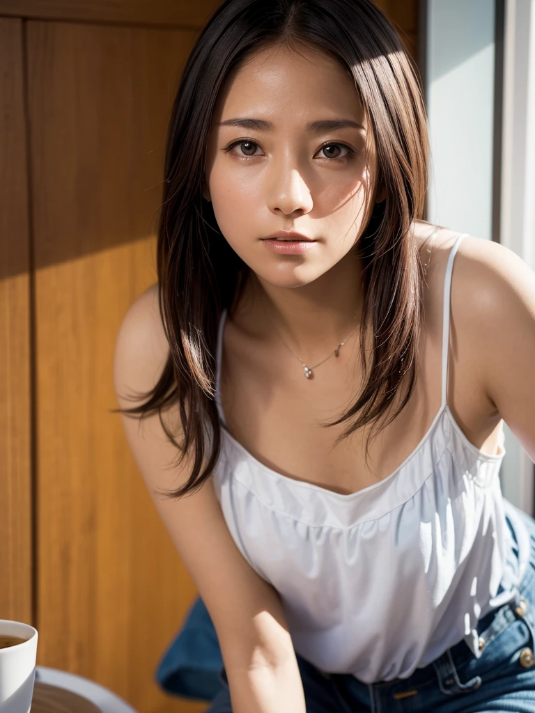 (top-quality, 16K, ​masterpiece:1.3), (ultra detailed), (masterpiece), (best quality), Highest quality, Realistic, Surreal, Highest quality, Extremely detailed CG, Very delicate, 16K wallpaper, High resolution, A woman in a management position at a prestigious company, (3), ((Silky hair:1.2)), (beautiful short hair:1.2), BREAK ((upper body:1.5)), ((look into the viewer's eyes:1.5)), ((looking at viewer:1.5)), ((Front view:1.5)), ((from front:1.5)), BREAK cute girl, short girl, short arms, ((small eyes)), fleeting atmosphere, ((thin eyebrows:1.2)), ((thin lips:1.5)), ((orgasm:1.5)), ((ecstasy:1.5)), ((mole under eye:1.2)), BREAK ((small breast)), (((little girl's body:1.5))), (((petite body:1.5))), pretty girl, ((UNTITLED business suit:1.2)), ((Very simple necklace)), With a large window Japanese office, ((Working at desk:1.5)), Japanese, slender body, very detailed, detailed fingers, detailed hands, detailed eyes, detailed legs, accurate and perfect human anatomy, real human skin,