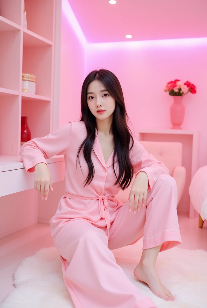 beautiful korean girl, long black hair, wearing sexy pijama, in her bedroom, sitting on a gaming chair