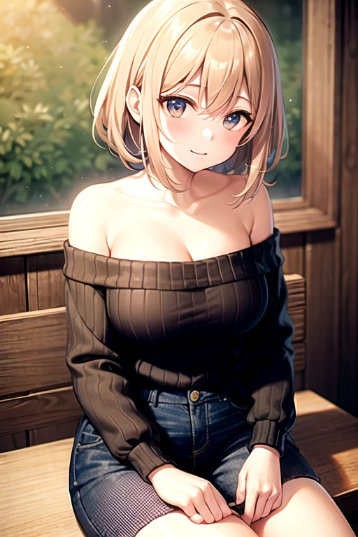 masterpiece, best quality , best quality , high resolution , 16k cg , (ultra deatail face and hair) , (knee_up_shot , look at view , face view) , (1 girl solo) , (he lacks, brown hair, sidelocks , purple eyes , collar) , (bare shoulder , strapless , wear sweater , denim microshort) , (sitting on floor:1.3) , (cleavage:1.3), (medium breast:1.3) , ( blush , shy , (very red check:1.3) , (full face blush:1.3) , ) (outdoor , city , road , lamp , shop , night , dark , moonlight )