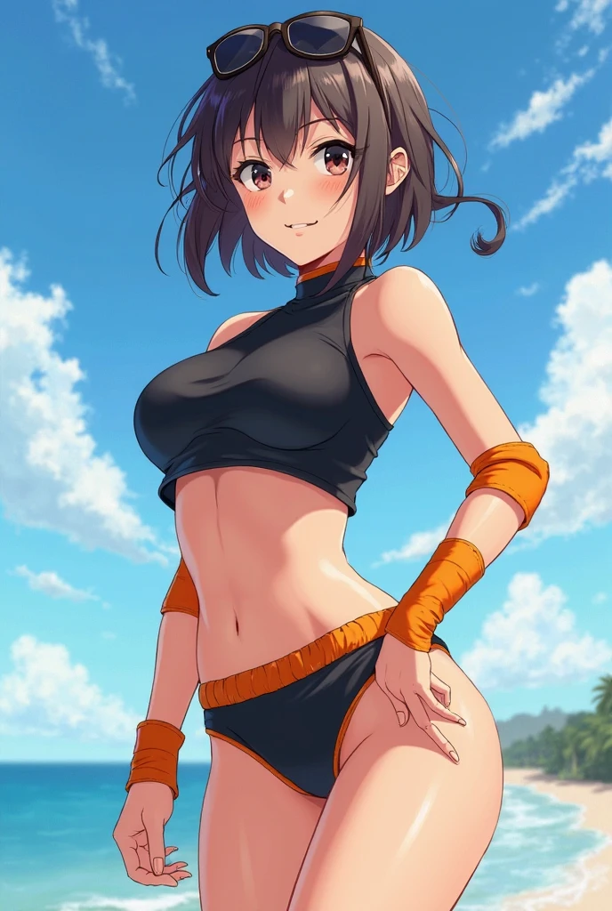 (masutepiece, Best Quality:1.2), Cowboy Shot, Solo, 1girl in, Hiryū, Smile, Looking at Viewer,Yellow Bikini、One side up, , partially fingerless gloves、The background is professional wrestling、Facing the front