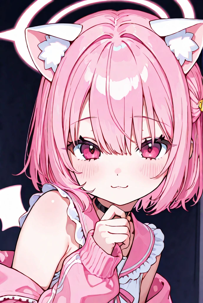 1girl, solo, mi1, tail ornament, tail bow, gloves, cat tail, red gloves, tail bell, choker, detached sleeves, pink dress, dynamic angle, <lora:momomiya_ichigo_v2:0.7>, masterpiece, best quality, highres,