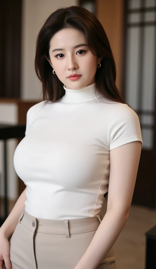((top-quality)), long legged, foco nítido:1.2, Beautiful woman with perfect body shape:1.4, Slender Abs:1.1, ((dark brown hair、Colossal tits:1.2)), (Shiny Silver Tight T-Shirt, The sheen、Standing Black Spats:1.2), Detailed face and skin texture, A detailed eye,a room