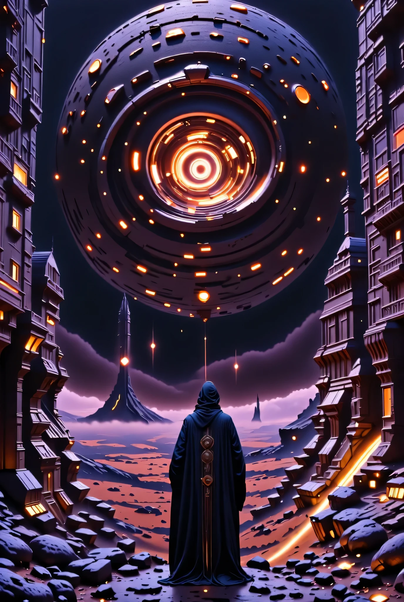 A lone astronaut stands on a desolate, alien planet, gazing up at a swirling nebula of cosmic dust and starlight swirling in the sky like a vortex of bad news or the warp from Warhammer 40k. The astronaut is clad in a midnight blue spacesuit adorned with intricate silver embroidery and glowing runes, reminiscent of a sorcerer's robes. The planet's surface is littered with the ruins of an ancient, gothic civilization, with crumbling cathedrals and grotesque sculptures reaching towards the heavens. Eerie red braziers flicker in the distance, casting long, dramatic shadows across the landscape. Inspired by Caravaggio, Alphonse Mucha, and Gerald Brom, this hyperrealistic dark fantasy scene features meticulous, photorealistic details, set against a backdrop of rich, purple and yellow complementary colors, with volumetric lighting and intricate brocade textures.
