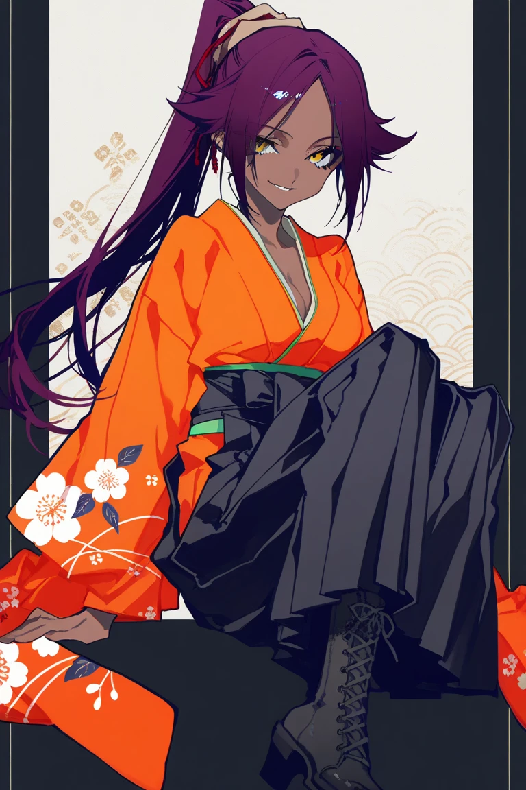 , cleavage, meiji schoolgirl uniform, hakama, hakama skirt, japanese clothes, kimono, cross-laced footwear, lace-up boots, floral print,  smile,
1girl,  yoruichi shihouin, dark skinned, long dark purple hair, ponytail, ((detailed eyes:1.2), 
(yoneyama mai:0.4), (Mochizuki kei:0.4), (mika pikazo:0.4), (rei \(sanbonzakura\):0.4), (quasarcake:0.4),
