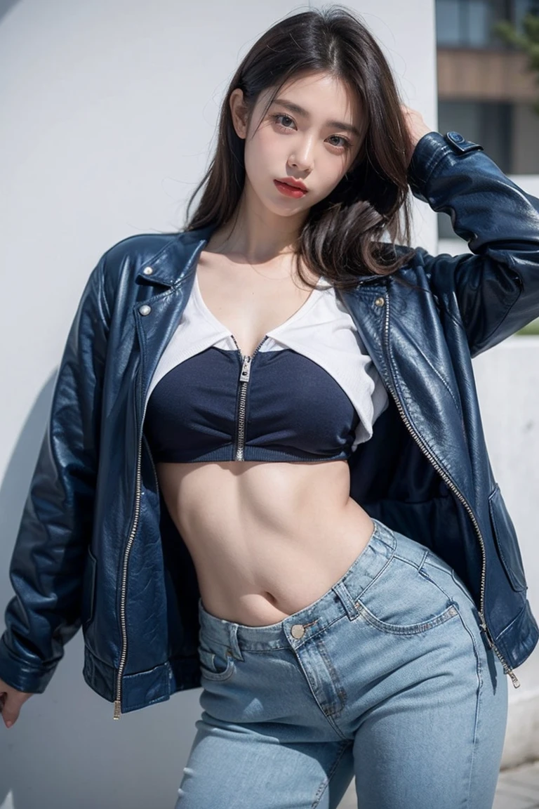 19-year-old woman、Hair color is brunette、Eye color is blue、Longhaire、wearing eye shadow and lipstick、Slender but well-proportioned muscular body、a smile、huge tit、is wearing jacket、He wears a shirt with a logo inside his jacket.、I'm wearing boyfriend denim、I'm wearing high heels、a smile、You're in the middle of an old concrete wall with wall art、The sun is shining from above、I'm working on my jacket's pocket so there's no damage.、a smile