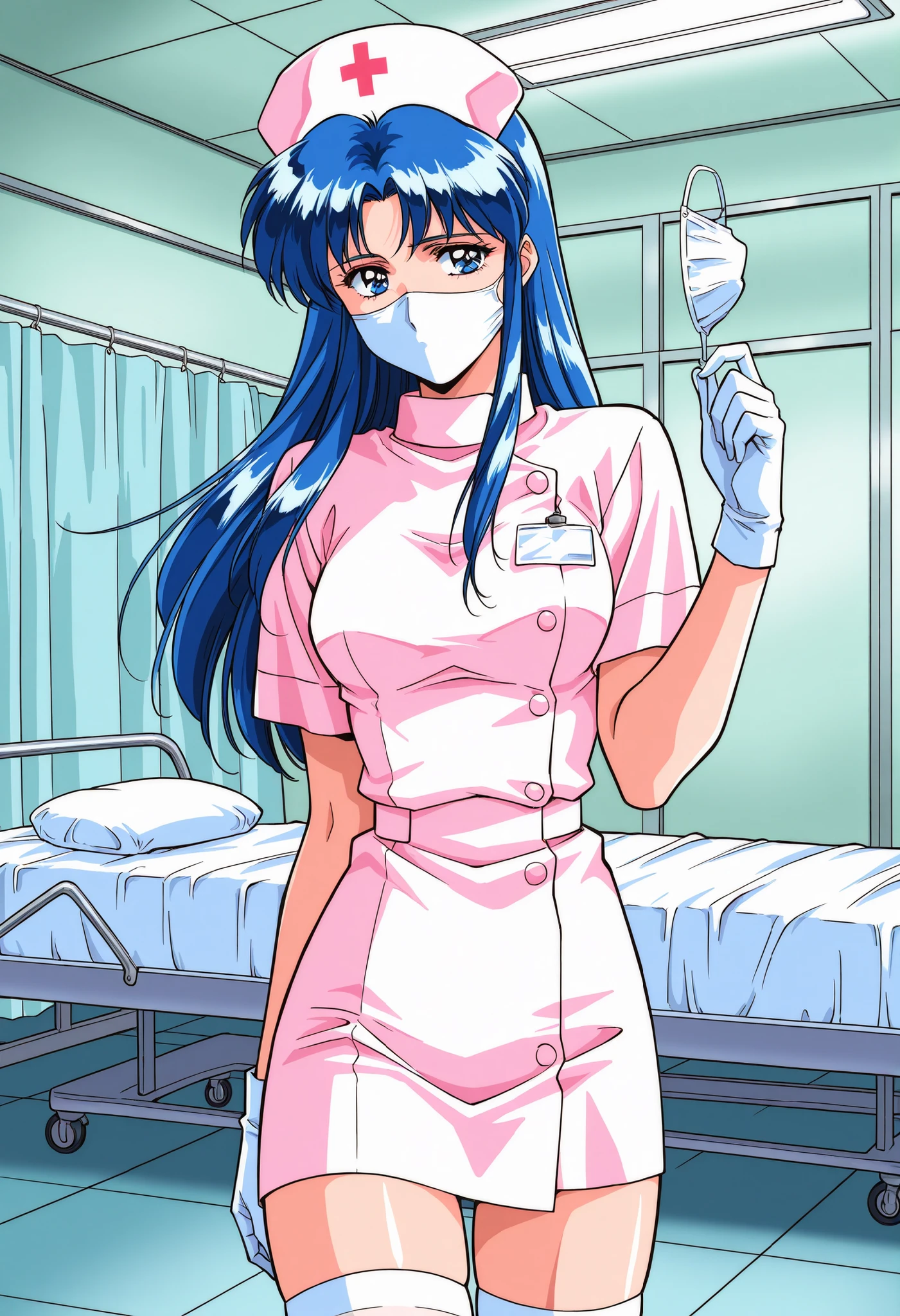 Score_9, score_8_up, score_7_up, source_anime, Kitazawa_Rumi, 1girl, solo, blue hair, breasts, long hair, blue eyes, 1990s (style), (best quality), (high quality), {masterpiece}, extremely delicate and beautiful, ultra-detailed, beautiful detailed eyes, nurse, nurse hat, ((white nurse's outfit)), white gloves, white thighhighs, hospital room, ((white mask, mouth mask, covered nose)), standing