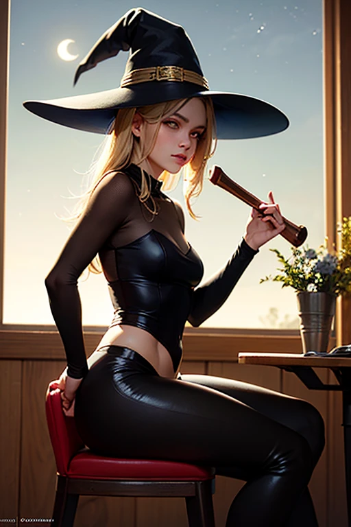 1girl, Blue eyes, (smiling), (Sana Minatozaki), wide hips, Big Boobs, big ass, (Best Quality, 8k, Masterpiece: 1.3), perfect hands, Clear Focus: 1.2, Perfect Body Beauty: 1.4 , Slender Abs: 1.2, Highly detailed face and skin texture, detailed eyes, double eyelids, (blonde long hair), (witch black dress), witch hat, (black and orange striped tights), high heels, standing, dynamic pose, look back, in a living room, Halloween decoration in the background