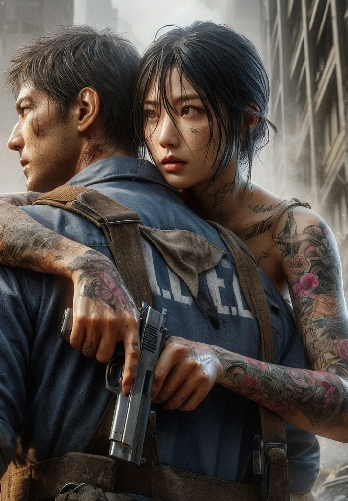 two person face to face. a male streetfighter is punching a crying female streetfighter's cheek in the backstreet. Her expression is sad. a bloody beautiful Japanese female fighter is being beating terribly by a male fighter. She is cornered and has her back against the wall. Blood is dripping from her nose. She is covered in scars and bruises. she is damaged terribry. Short-cut black hair, out of breath, drooling from mouth, one eye closd, crying, exhausted, drenched in sweat. Erect nipples. open finger glove. Tattered sports bra and denim shorts