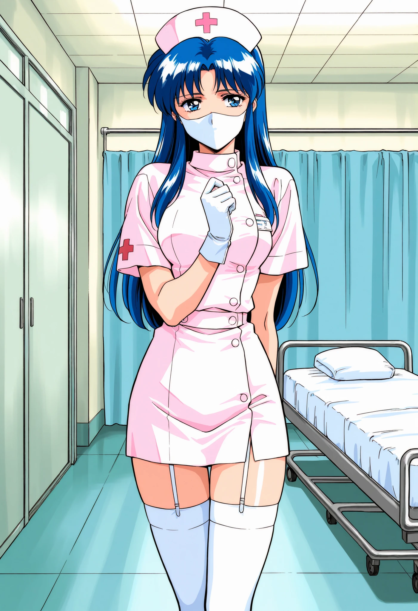 Score_9, score_8_up, score_7_up, source_anime, Kitazawa_Rumi, 1girl, solo, blue hair, breasts, long hair, blue eyes, 1990s (style), (best quality), (high quality), {masterpiece}, extremely delicate and beautiful, ultra-detailed, beautiful detailed eyes, nurse, nurse hat, ((white nurse's outfit)), white gloves, white thighhighs, hospital room, ((white mask, mouth mask, covered nose)), standing