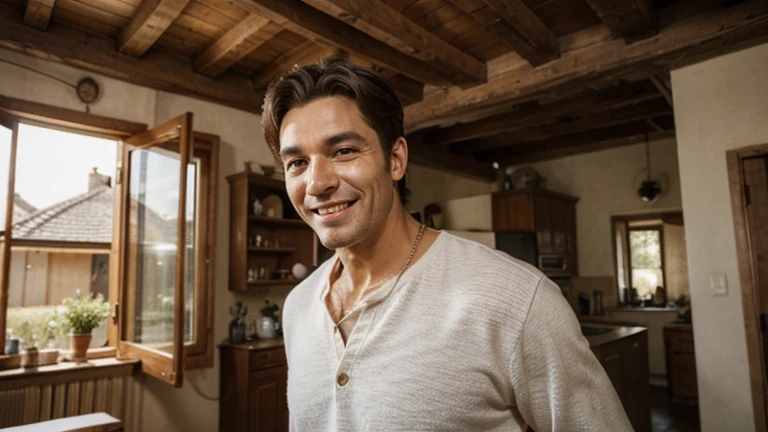 perfect italian man, wearing, posing, smile, view on the mountain from balcony, short hairstyles light hairin on the mountain from balcony on character's face