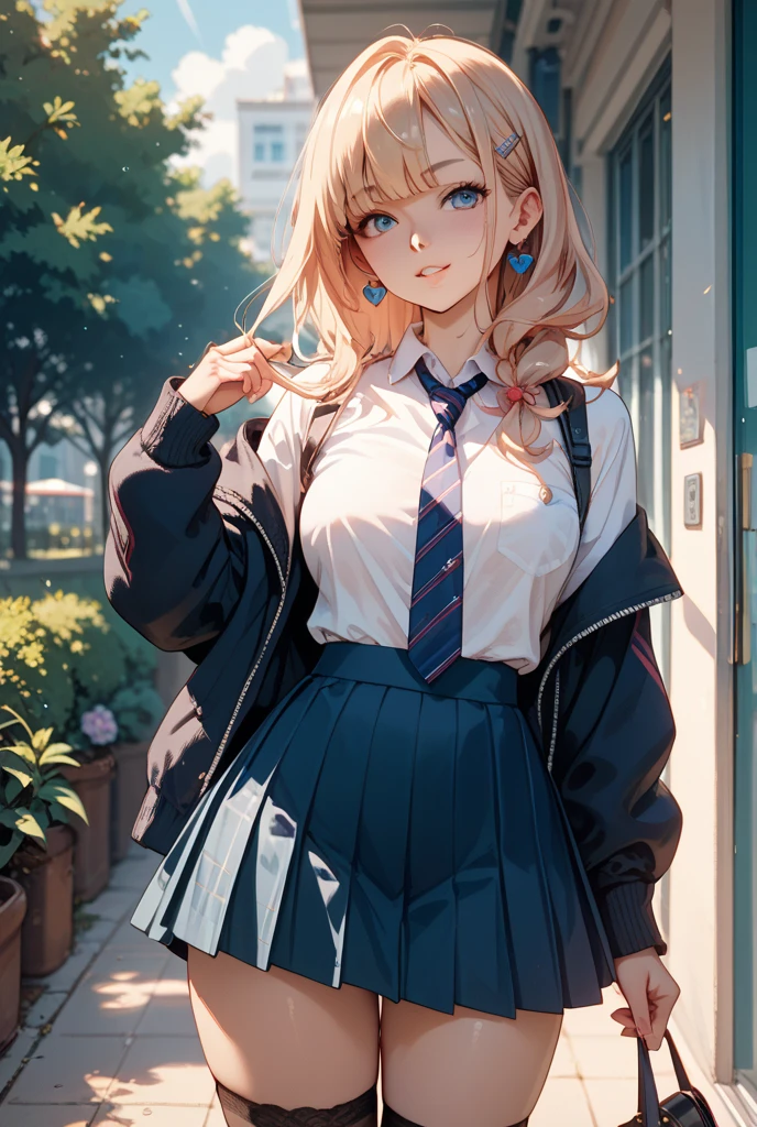 akizuki airi. oni chichi, masterpiece, highest quality, Very detailed, figure, Flat Color, Depth of written boundary, , , 1 girl, young, anime, Returning Home, full length, blonde, Twin tails, Looking at the audience, red pleated mini skirt, Wet white button-down shirt, , serafuku, Blue tie, black tights, See-through underwear,Small backpack, Fine leather texture, Detailed fabric texture, Beautifully detailed face, blue eyes, A light smile, Pink Panties