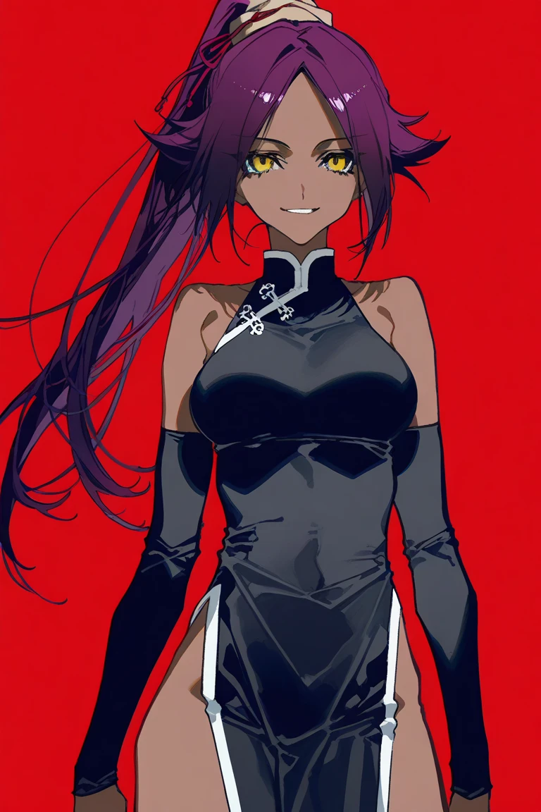 , Ao dai, smile,
1girl,  yoruichi shihouin, dark skinned, long dark purple hair, ponytail, ((detailed eyes:1.2), 
(yoneyama mai:0.4), (Mochizuki kei:0.4), (mika pikazo:0.4), (rei \(sanbonzakura\):0.4), (quasarcake:0.4),
