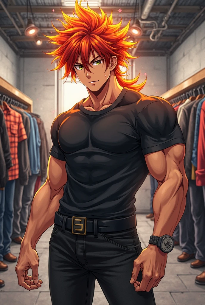 Man with athletic body and black shirt with long hair working as a firefighter 