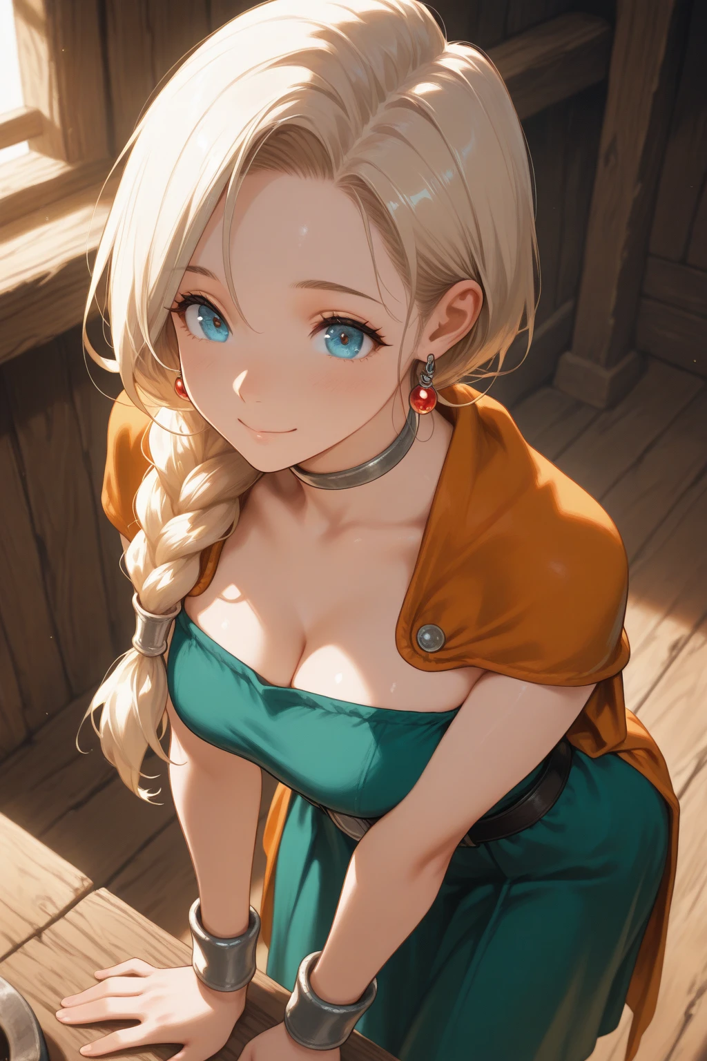 Perfect、Extremely detailed depiction、Highest quality、Professional illustrations、Perfect looks、Cinematic lighting、Detailed face、Detailed eyes、Detailed eyes、Beauty、Alone、female、sauce_game、Bianca in Dragon Quest 5、Big Breasts、Large Breasts、Blonde、Long Hair、Braid、Emerald green dress、Orange Cape、boots、Silver necklace、Collars and Leads、On all fours、Top view、Best Shot、Excessive sweating all over the body、My whole body is shaking、Moist eyes、Tears overflowing、Saliva、Lost the battle、Dirty clothes、Torn clothing、Erect nipples、shame、My face is red with embarrassment