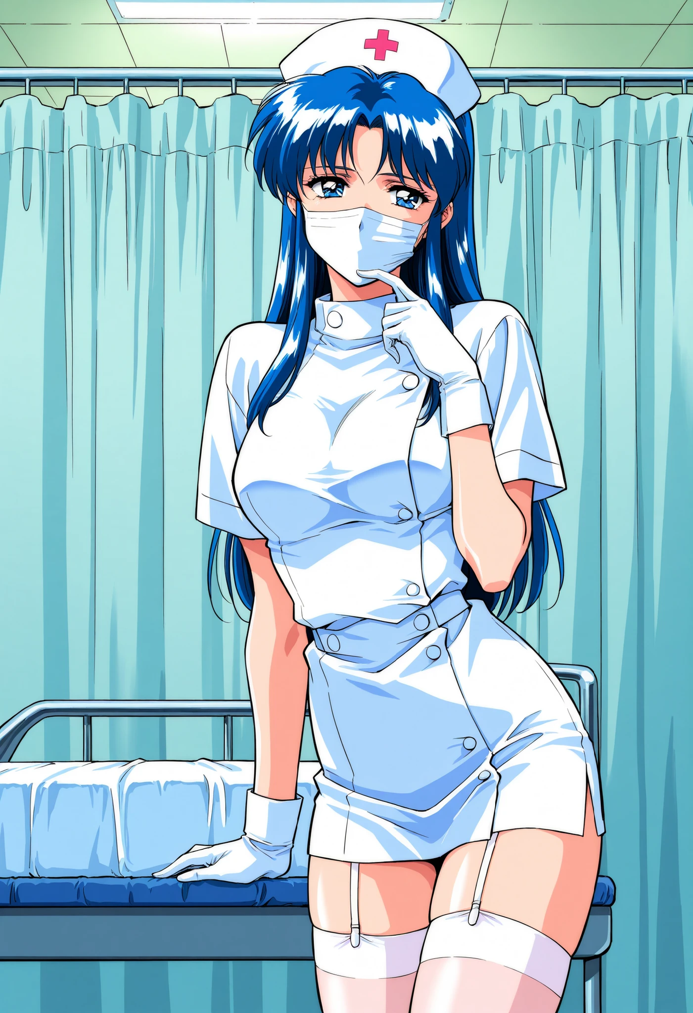 Score_9, score_8_up, score_7_up, source_anime, Kitazawa_Rumi, 1girl, solo, blue hair, breasts, long hair, blue eyes, 1990s (style), (best quality), (high quality), {masterpiece}, extremely delicate and beautiful, ultra-detailed, beautiful detailed eyes, nurse, nurse hat, ((white nurse's outfit)), white gloves, white thighhighs, hospital room, ((white mask, mouth mask, covered nose)), standing