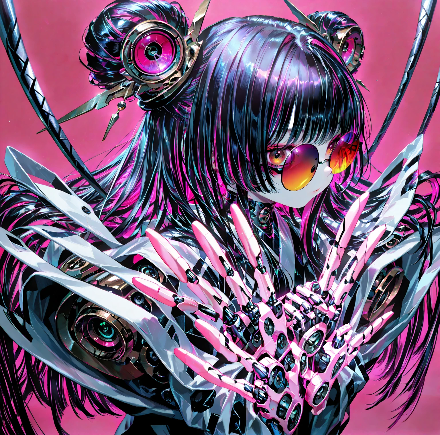 One girl,(((Highest quality、masterpiece、Official Art、Very detailed、Anime Style、Best dynamic composition、profile、Perfect Anatomy)))、 Headphones, hoodie, Vibrant colors, neon, White Background、gas mask、
