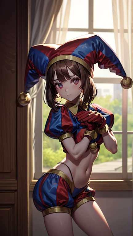 ((masterpiece)),((highest quality)),Accurate服装,((Beauty)),((Realistic painting))(((Red blazer:1.3))),(((Red vest:1.3))),(((Beige leotard:1.3))),((Flat Breasts)),((Thin thighs)), ((Blue High Socks)), ((A short silky bob that falls straight to shoulder length:1.3)), ((short hair towards the back of the head:1.3)),Dissatisfied look,blush with embarrassment, Dark green hair, (Long sleeve white shirt), (Blue tie), Loafer shoes, high school student,expensive,Soft Skin, Nice big dark green eyes (High Detail Eyes). uniform, Teenage Girl, Park with a fountain, Date,( Colorful splashes) ,Colorful Bubbles, Floating water droplets, perspective, Overhead Configuration, Flare, Outstanding Features, Perfect Anatomy Tommy, Centered, Perfect distance, Very detailed, Complex, Accurate, Very detailed rich colors, taming, Rich colors, Accurate, clean, Rich colors, Exquisite details, Golden ratio illustrations