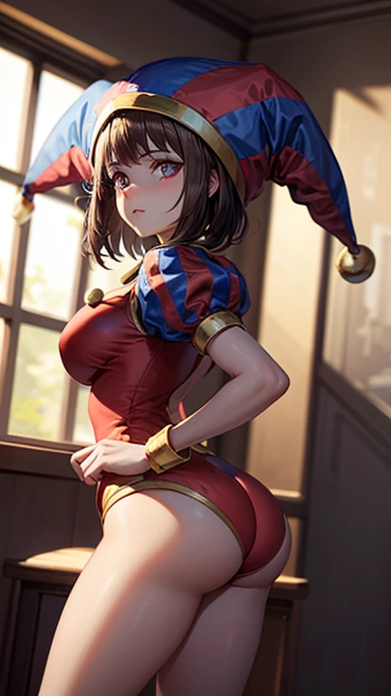 Nsfw best quality, Masterpiece, beautiful face, upon_body, Tyndall effect, photorealistic, dark studio, edge lighting, Two tone lighting, (High definition skin: 1.2), 8k hd, DSLR, soft lighting, high quality, volumetric lighting, sincere, Photography, high resolution, 4k, 8k, bokeh, pomni very big jester pomni realistic
